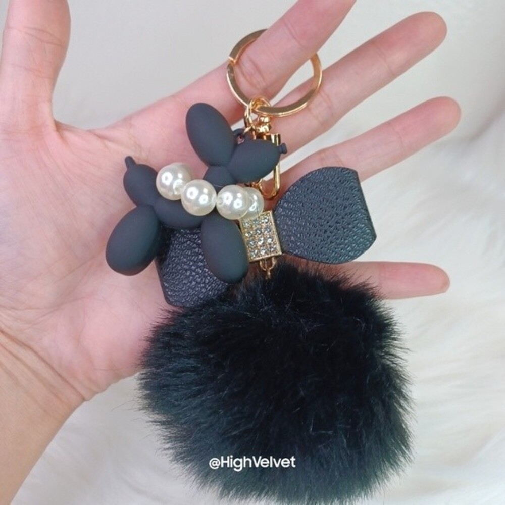 05 Black Fur Ball, Rhinestones & Dog with Pearls Keychain / Bag Charm
